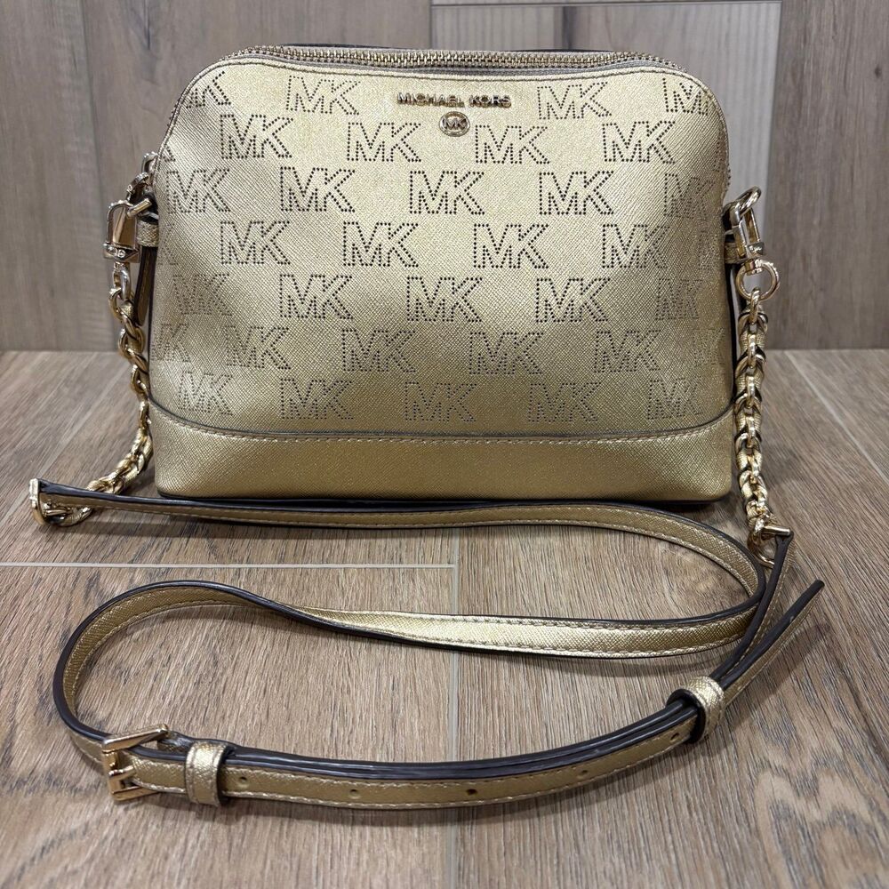 Michael Kors Gold Signature Monogram Pinhole Laser Cut Crossbody Braided Chain